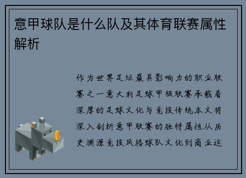 意甲球队是什么队及其体育联赛属性解析