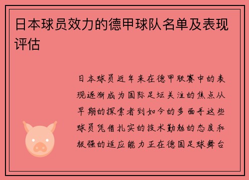 日本球员效力的德甲球队名单及表现评估